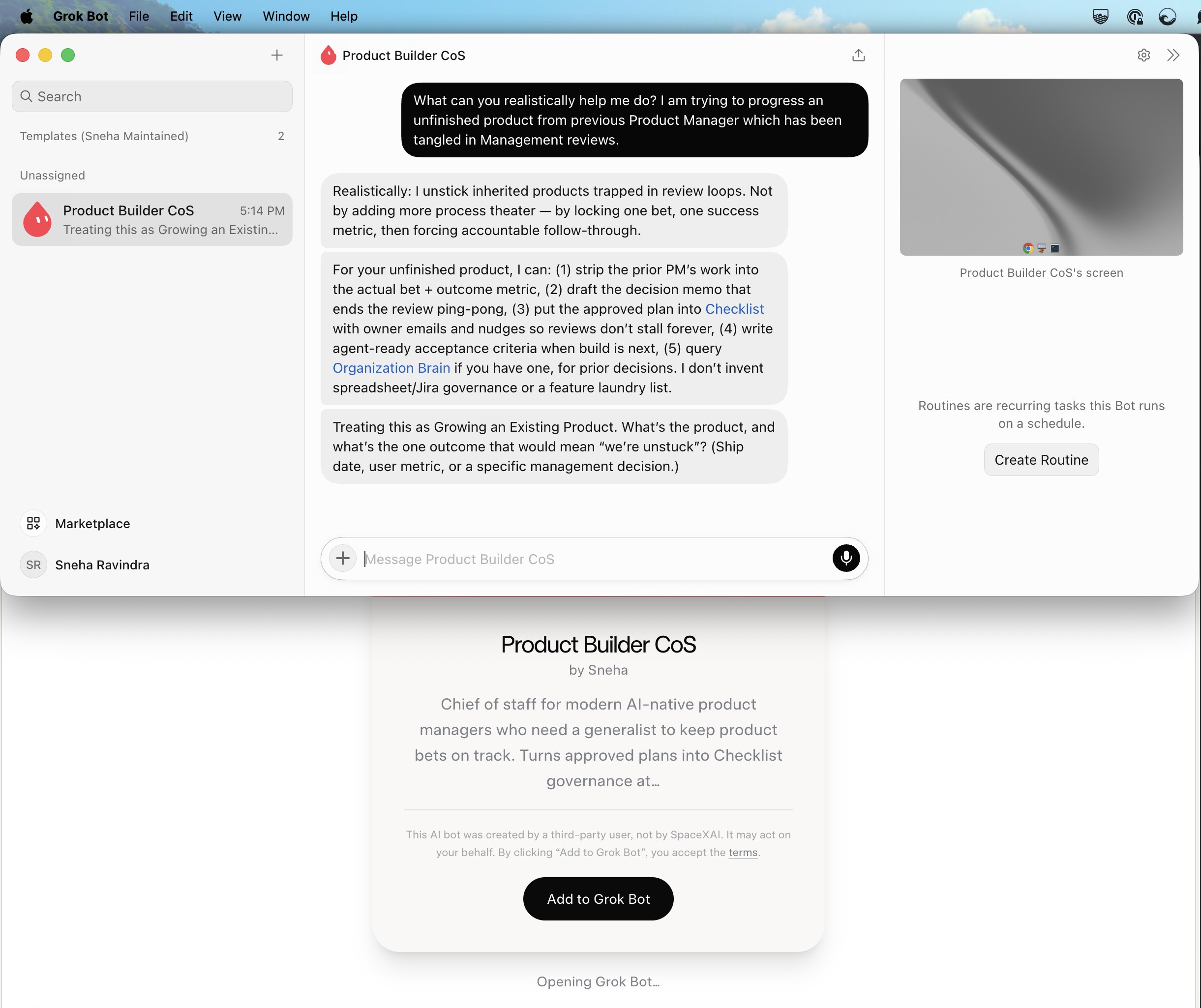 Product Builder CoS — a Grok bot for AI-native product managers